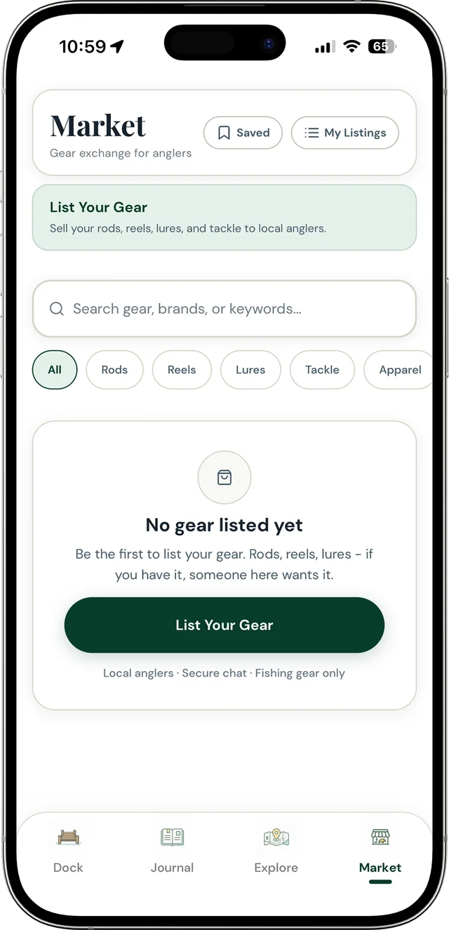 Backwater Journal Market screen with gear search, category filters, and a List Your Gear button