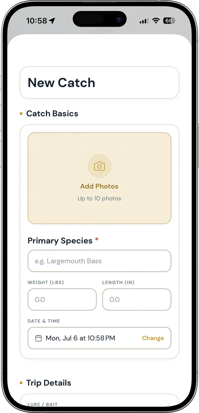 Backwater Journal New Catch form with photos, primary species, weight, length, and date fields