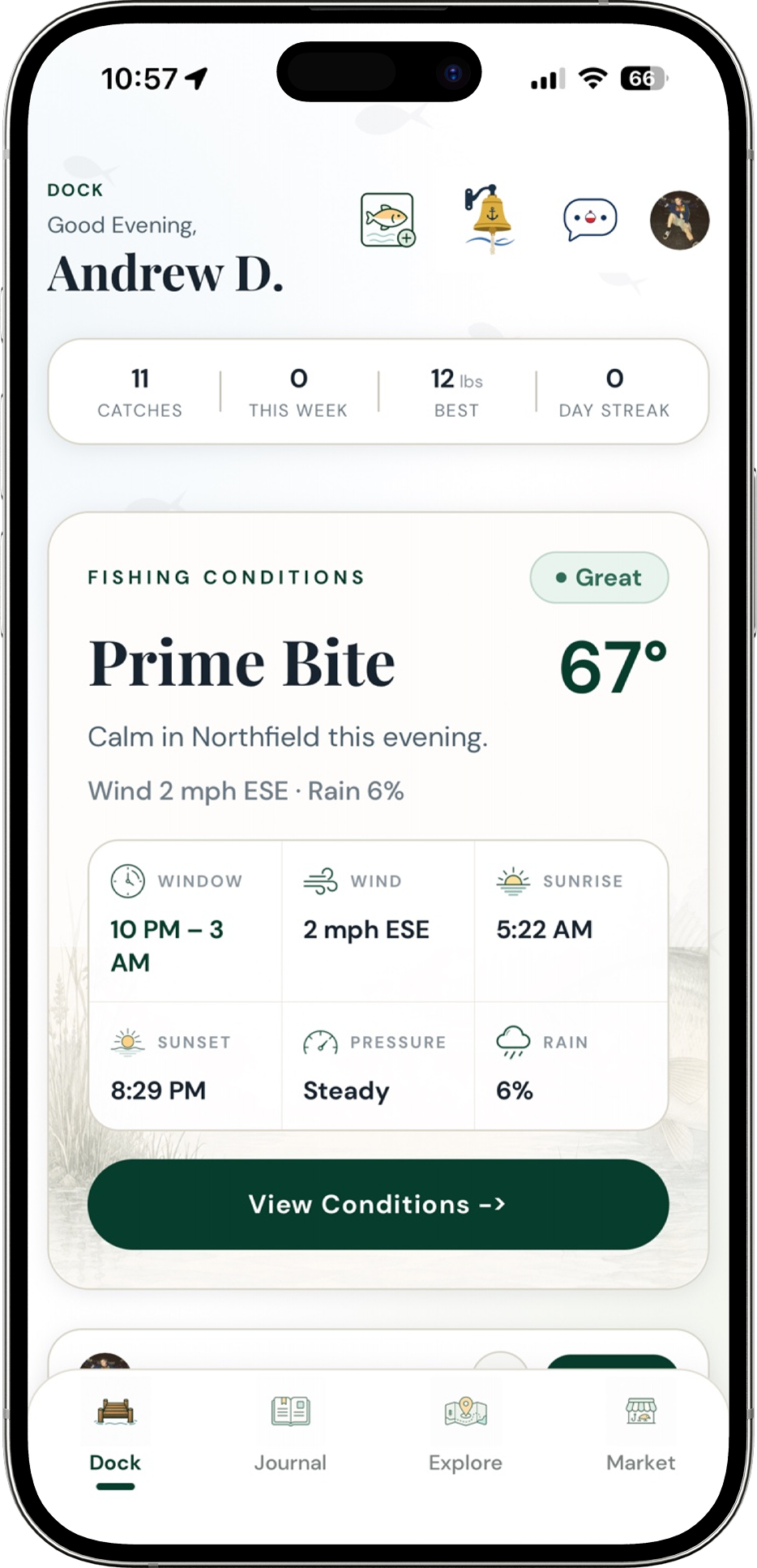 Backwater Journal Dock screen showing fishing conditions and catch stats