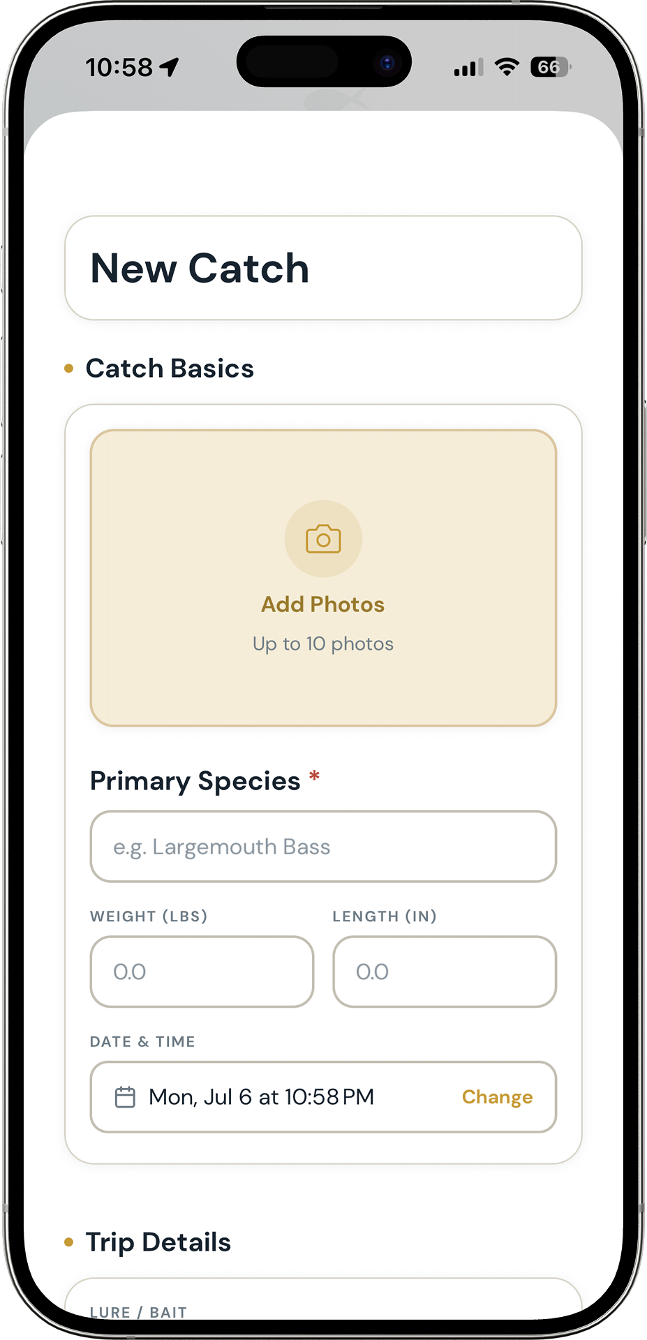 Backwater Journal new catch logging screen
