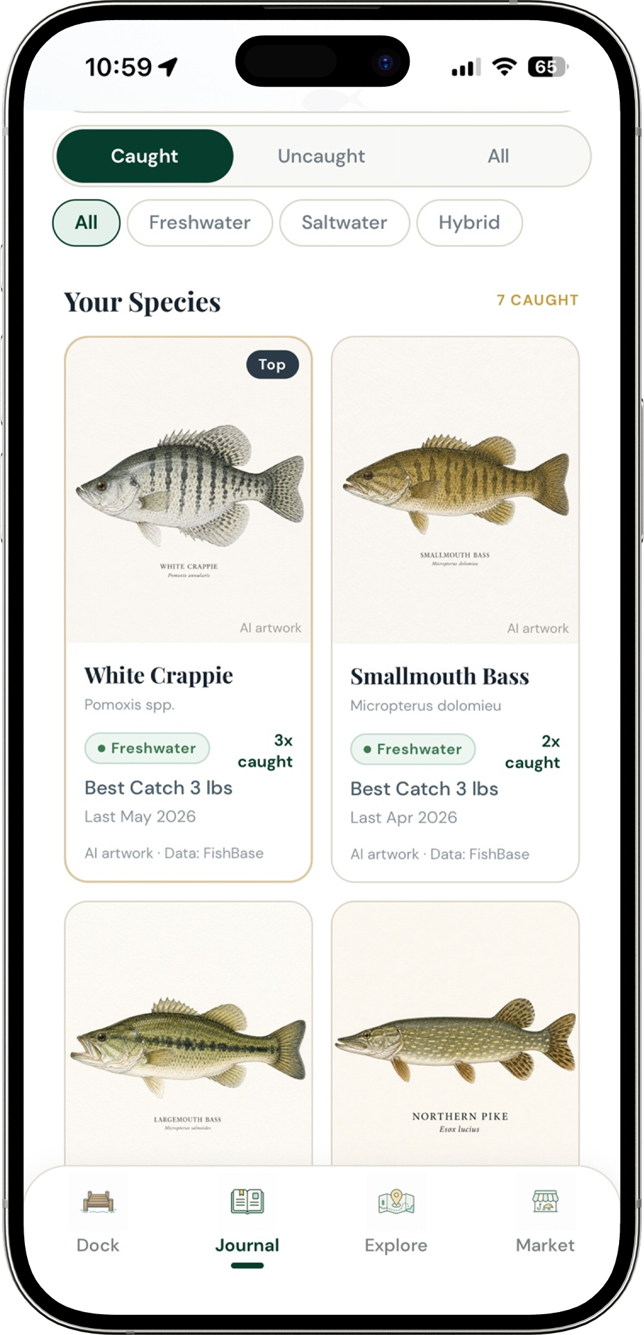 Backwater Journal species tracking screen